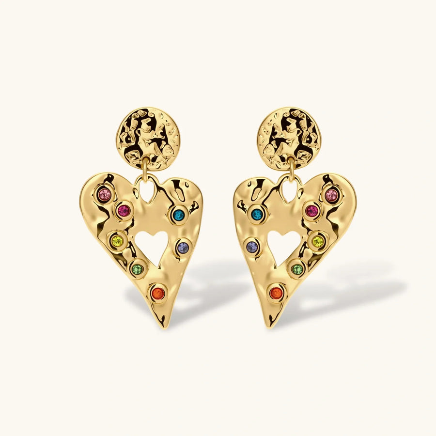 Gold hammered heart drop earrings with rainbow cubic zirconia stones and textured coin stud, 18K gold plated stainless steel.