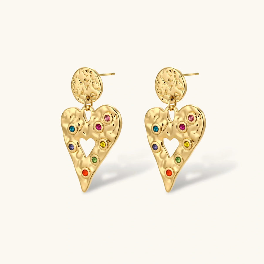 Gold hammered heart drop earrings with rainbow cubic zirconia stones and textured coin stud, 18K gold plated stainless steel.