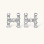 Letter H jewelry set featuring geometric crystal design in gold and white gold plated finish with adjustable chain necklace
