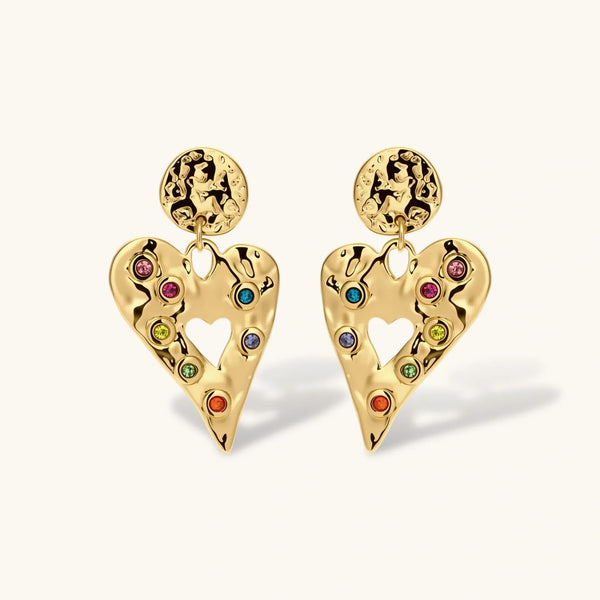 Gold hammered heart drop earrings with rainbow cubic zirconia stones and textured coin stud, 18K gold plated stainless steel.