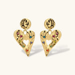 Gold hammered heart drop earrings with rainbow cubic zirconia stones and textured coin stud, 18K gold plated stainless steel.